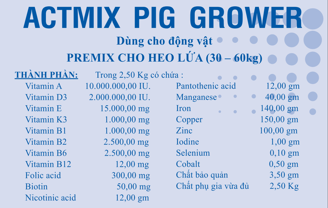 Thành phàn chủ yếu bên trong Actmix Pig Grower 